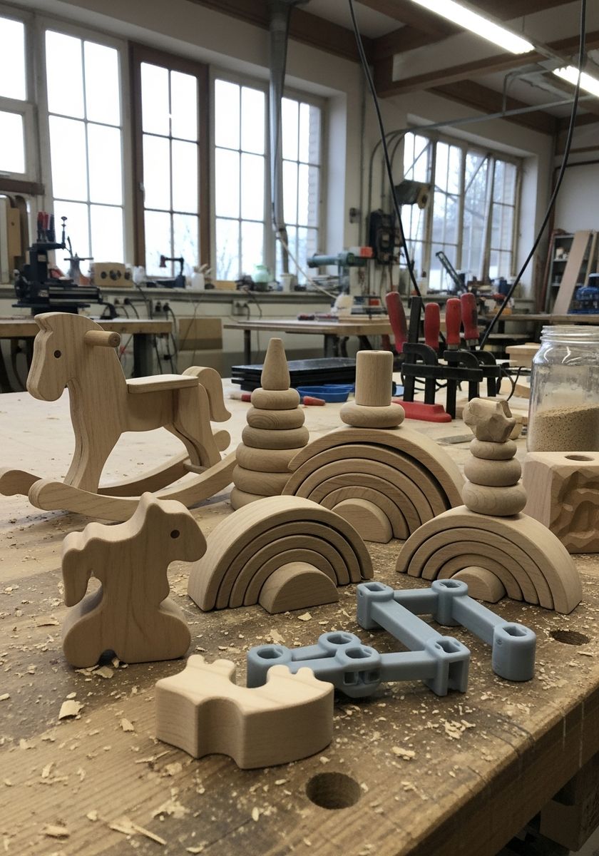 Brinquedos educativos de madeira agrupados na bancada: cavalo de balanço, arcos de empilhar, animais de borda cortada a laser e conectores impressos em 3D unindo duas peças.