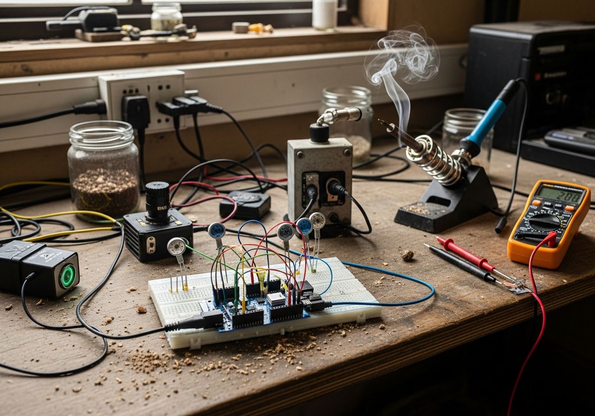 Canto de eletrônica na bancada de madeira: placa microcontroladora ligada a uma protoboard, sensores de umidade do solo, bomba d'água pequena, ferro de solda e multímetro.