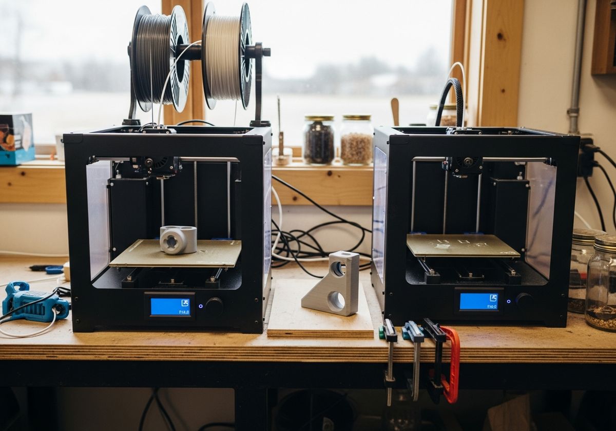 Duas impressoras 3D de mesa numa prateleira de madeira, uma delas imprimindo uma peça de encaixe cinza clara, com rolos de filamento acima.