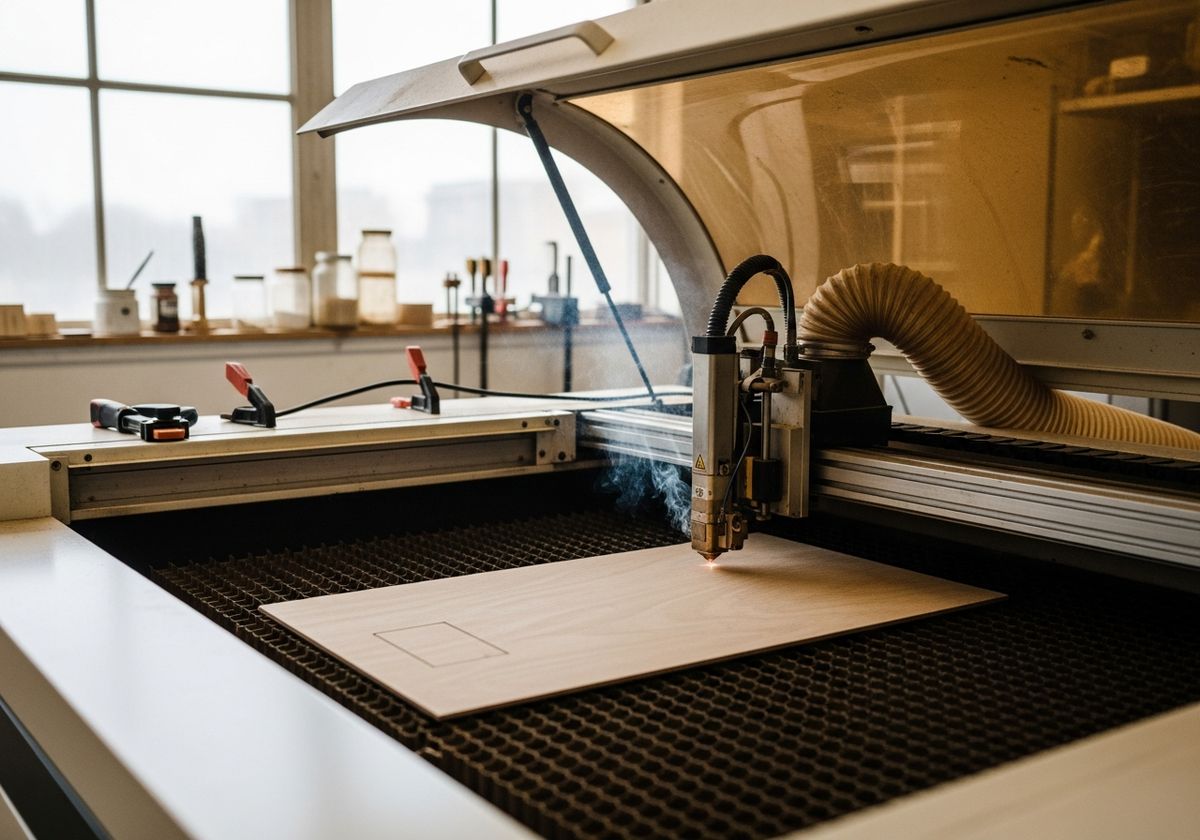 Cortadora a laser gravando uma folha fina de compensado, com o cabeçote sobre o material e a mesa colmeia visível por baixo.