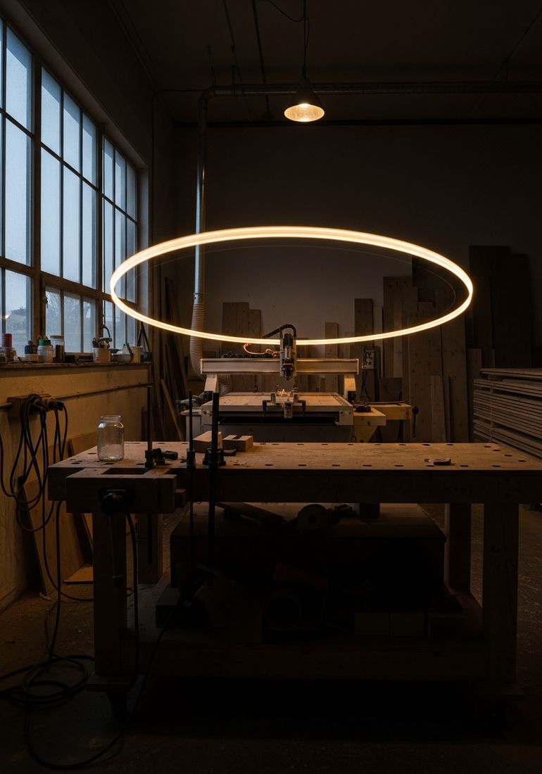 Fotografia de longa exposição feita à noite dentro do laboratório: um anel de luz desenhado no ar acima da bancada, revelando de leve a fresadora CNC ao fundo.