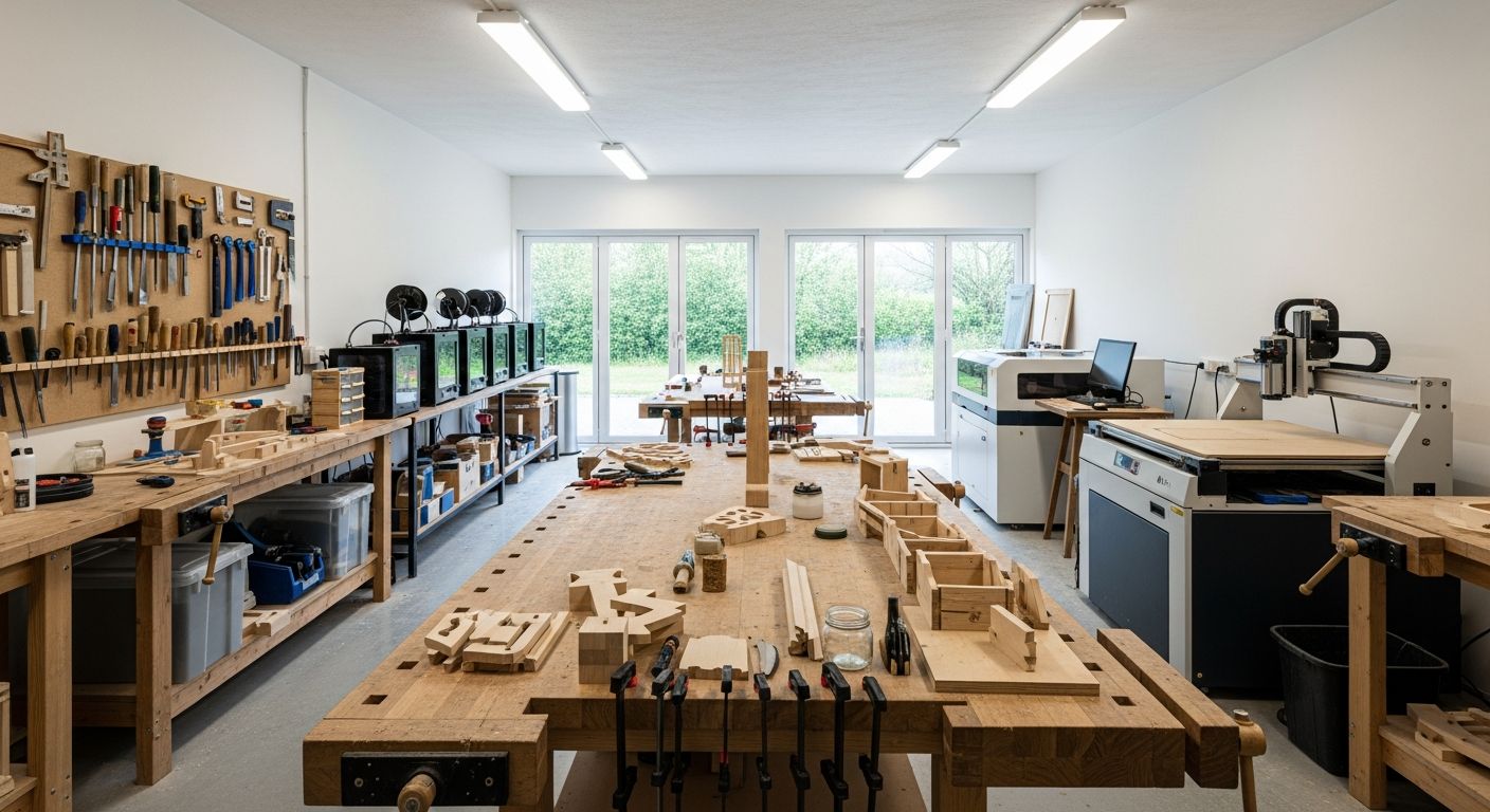 Vista do laboratório no comprimento: bancada central de madeira com peças em processo, painel de ferramentas manuais na parede esquerda, impressoras 3D numa prateleira, e uma cortadora a laser e uma fresadora CNC à direita.
